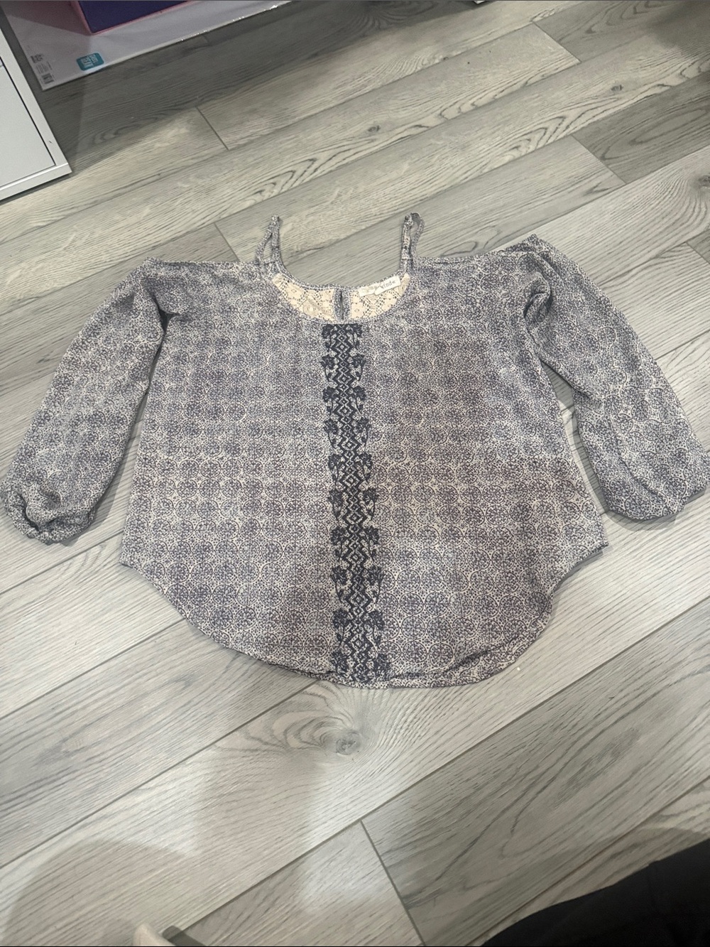 Rewind Gray Printed Cold-Shoulder Blouse with Center Embroidery